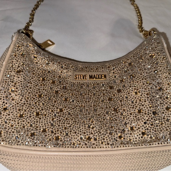 Steve Madden Rhinestone Shoulder Bag Crystal Evening Purse Crossbody Gold Stud - Picture 3 of 13